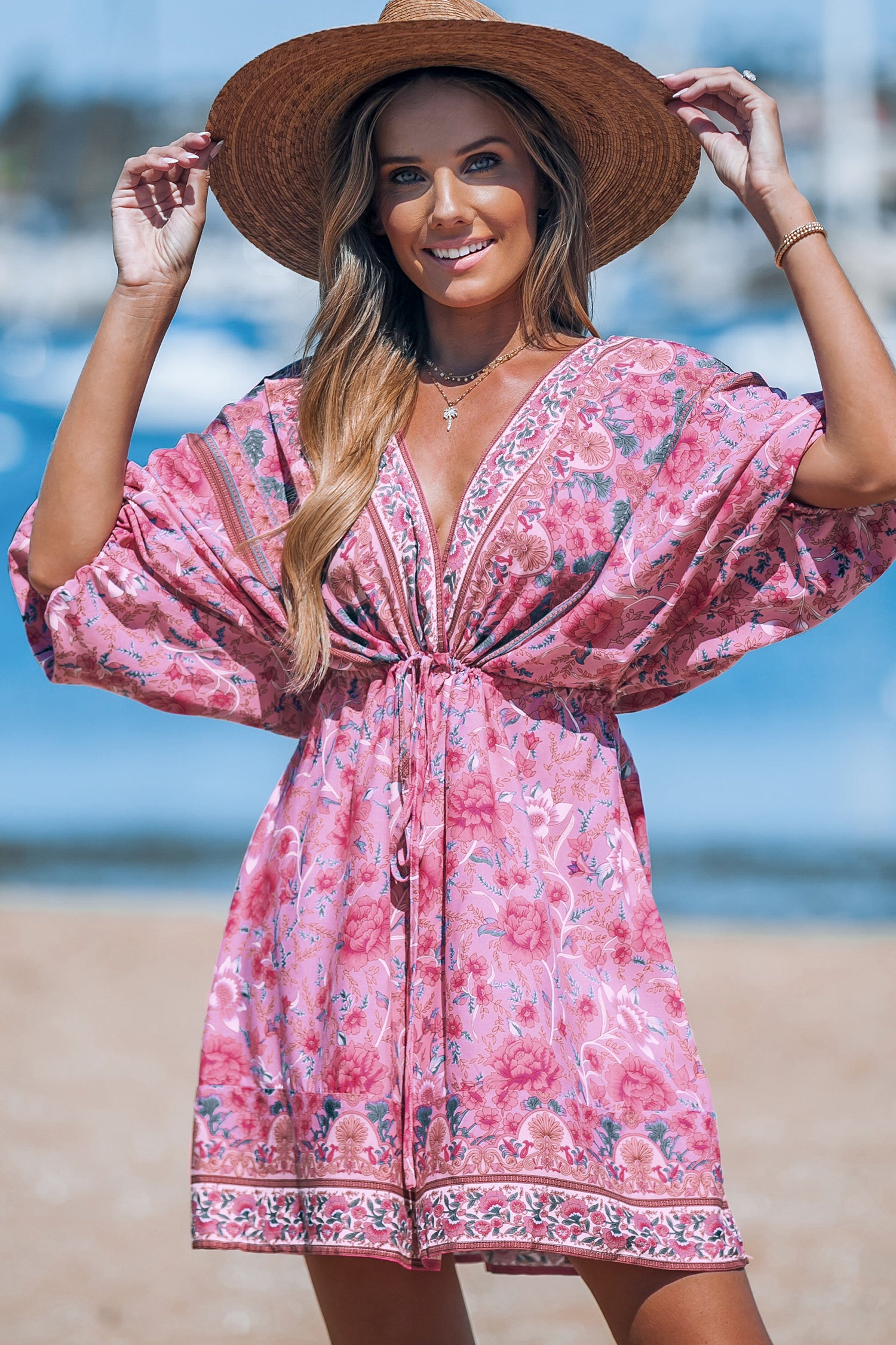 Pink Floral Plunging Blouson Sleeve Mini Dress