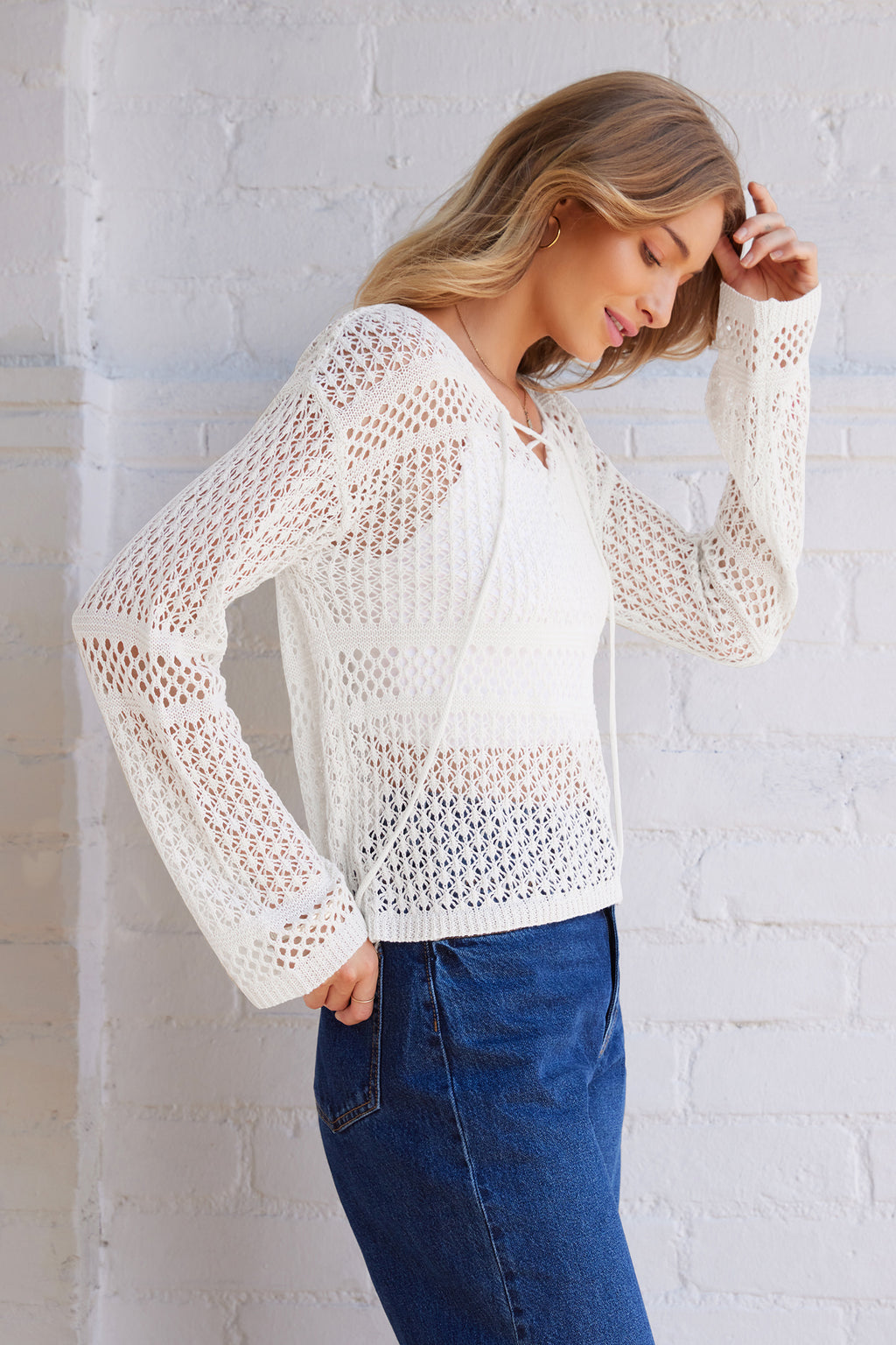 Ivory Lace-Up V-Neck Sweater Top