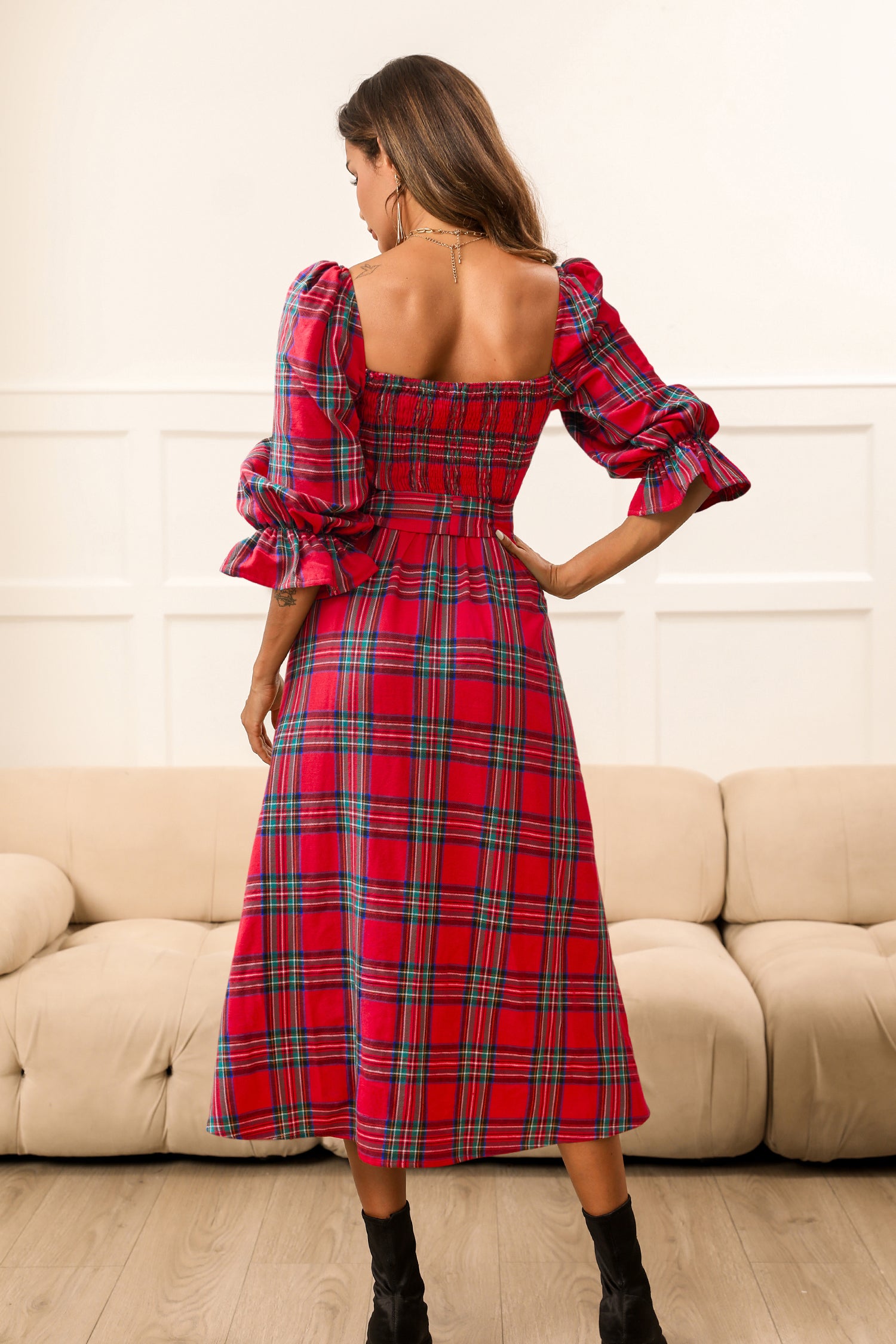 Red Belted Plaid Ruched Dress