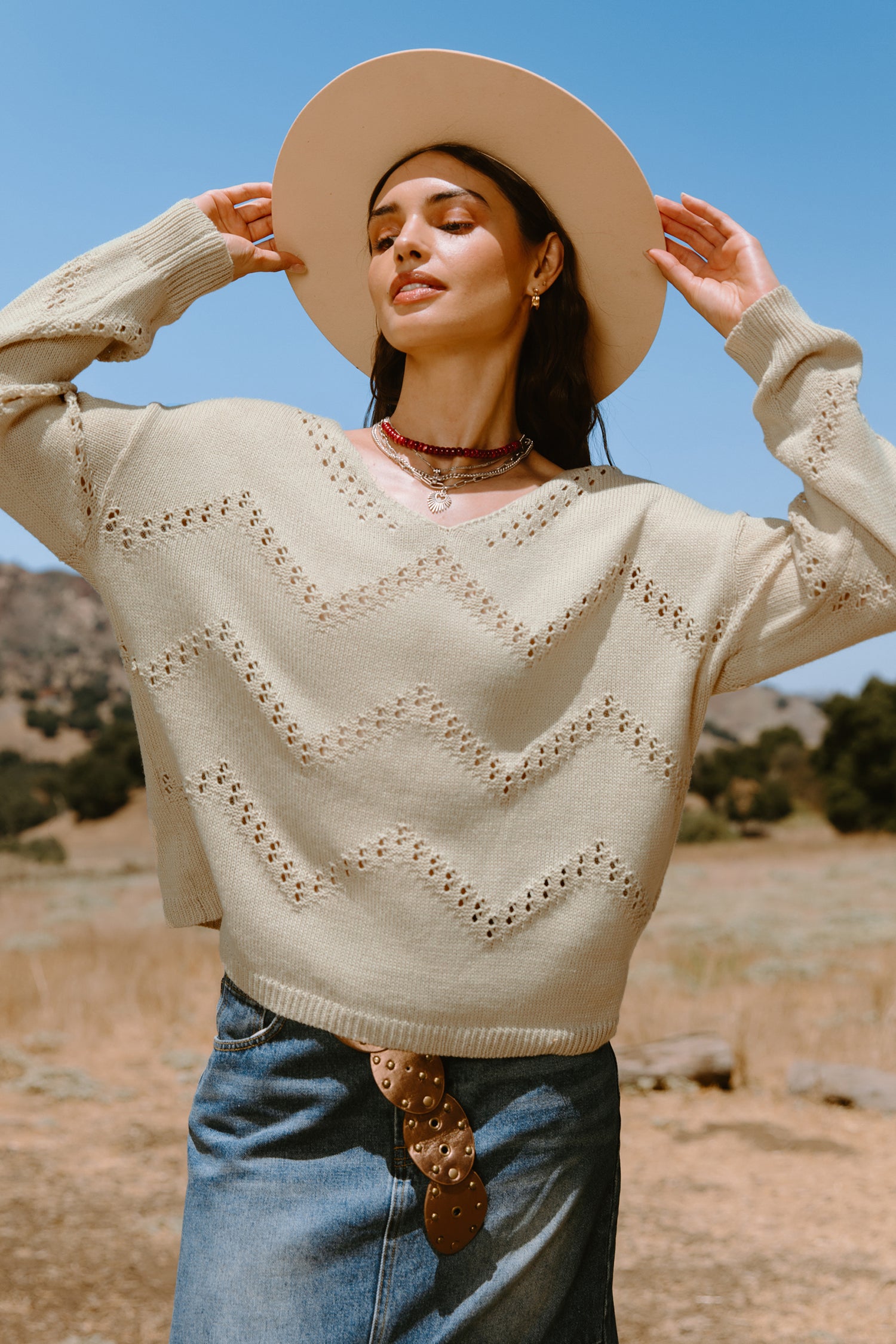 Beige V-Neck Long Sleeve Perforated Knit Top