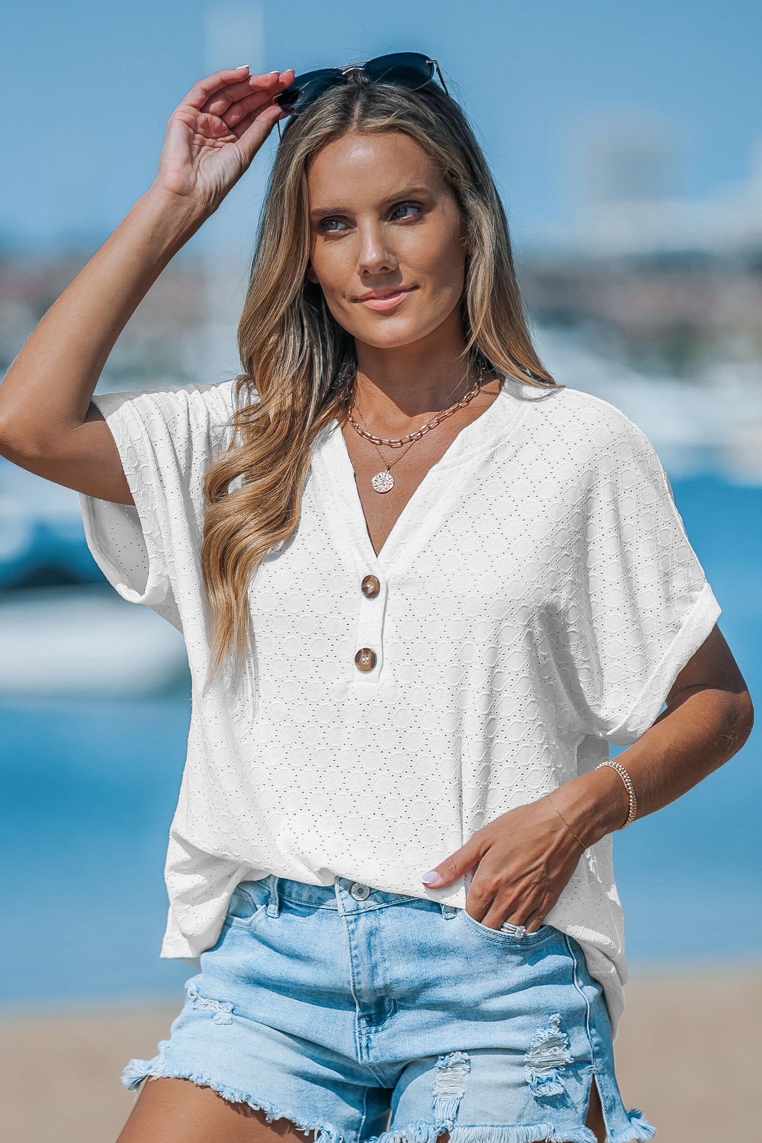 Cutout Textured V-Neck Tee
