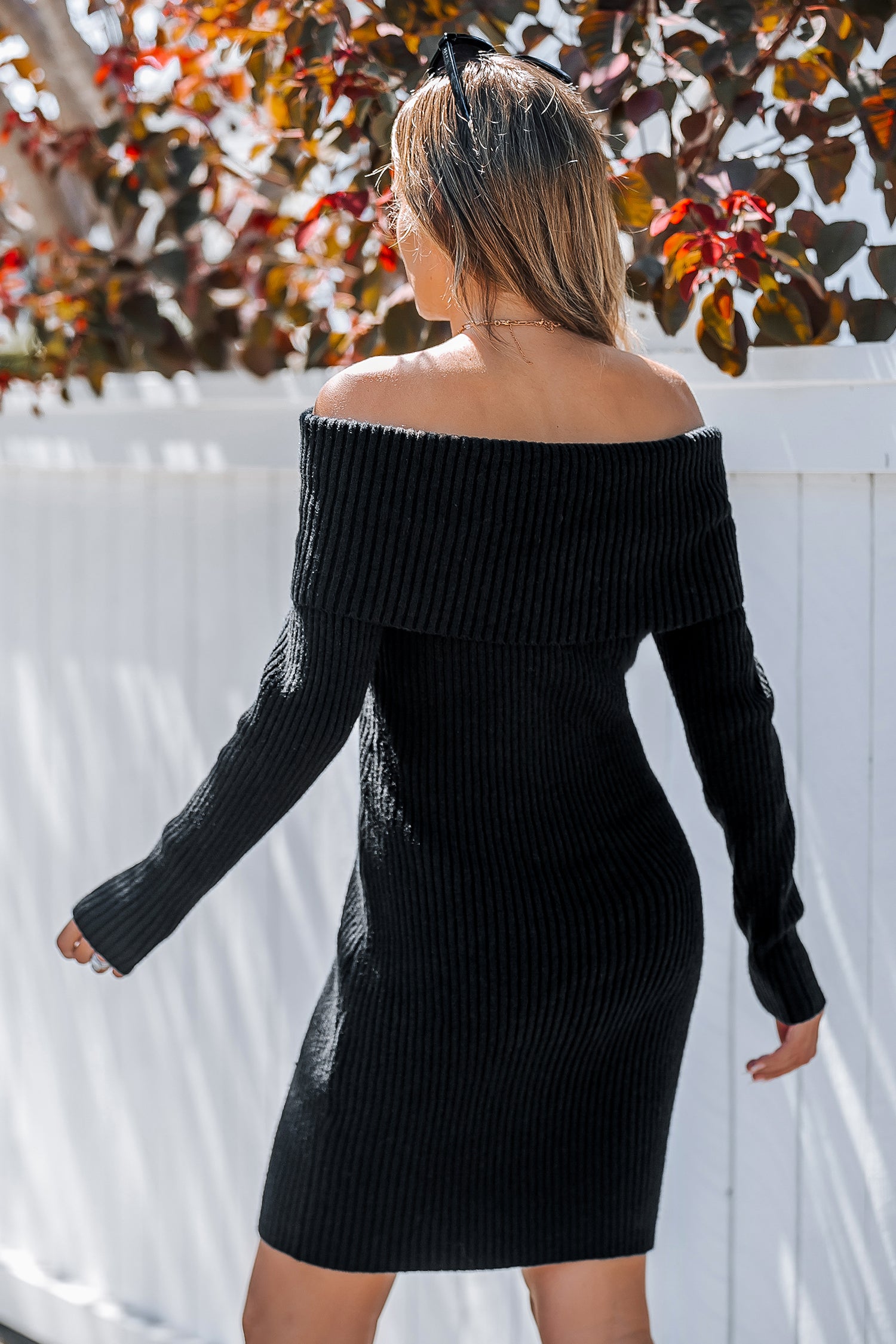 Black Ribbed Off-Shoulder Long Sleeve Mini Dress