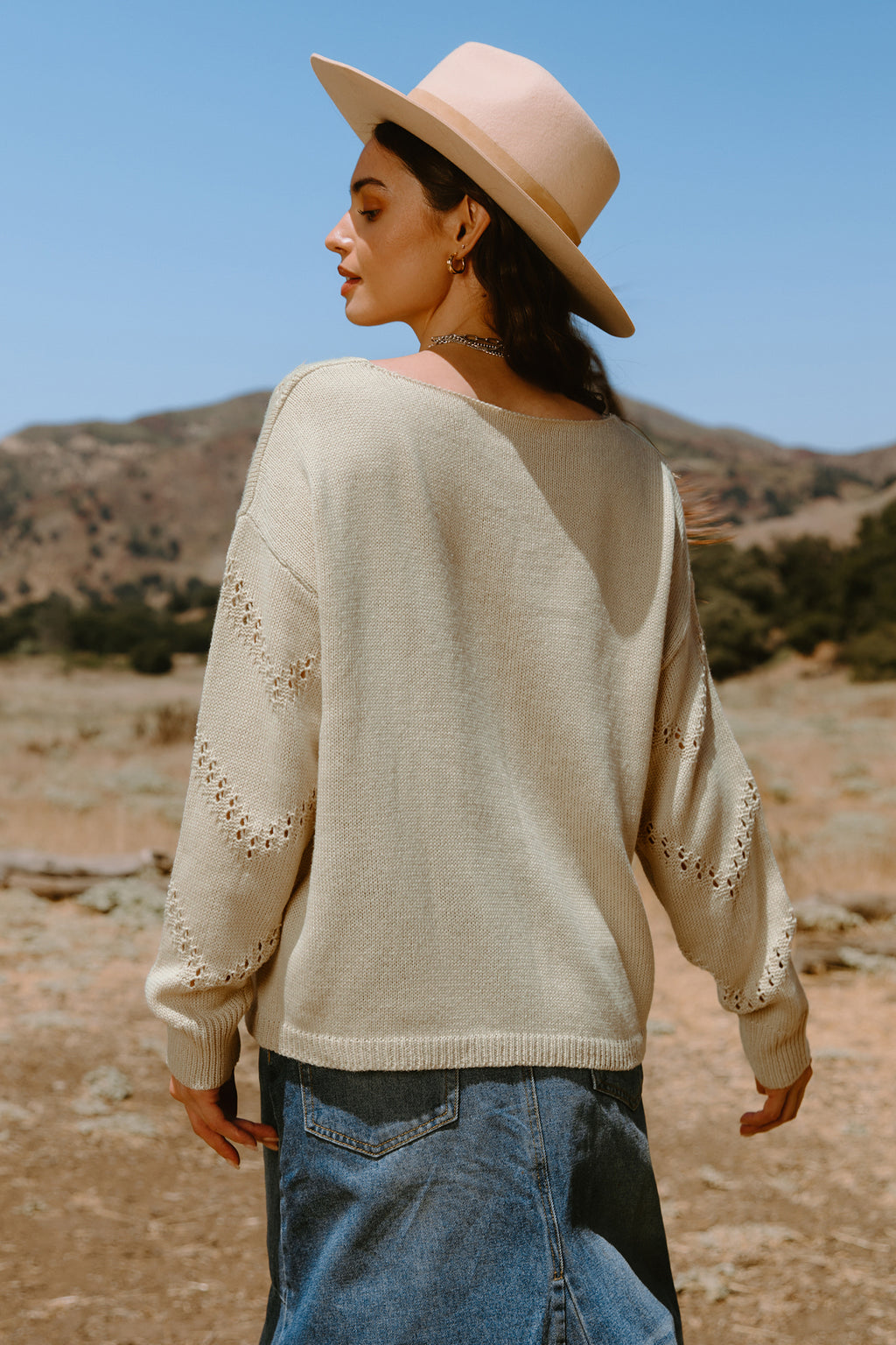 Beige V-Neck Long Sleeve Perforated Knit Top