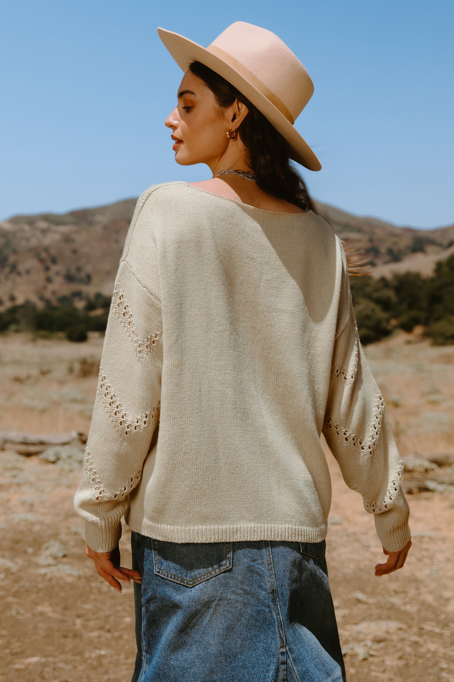 Beige V-Neck Long Sleeve Perforated Knit Top