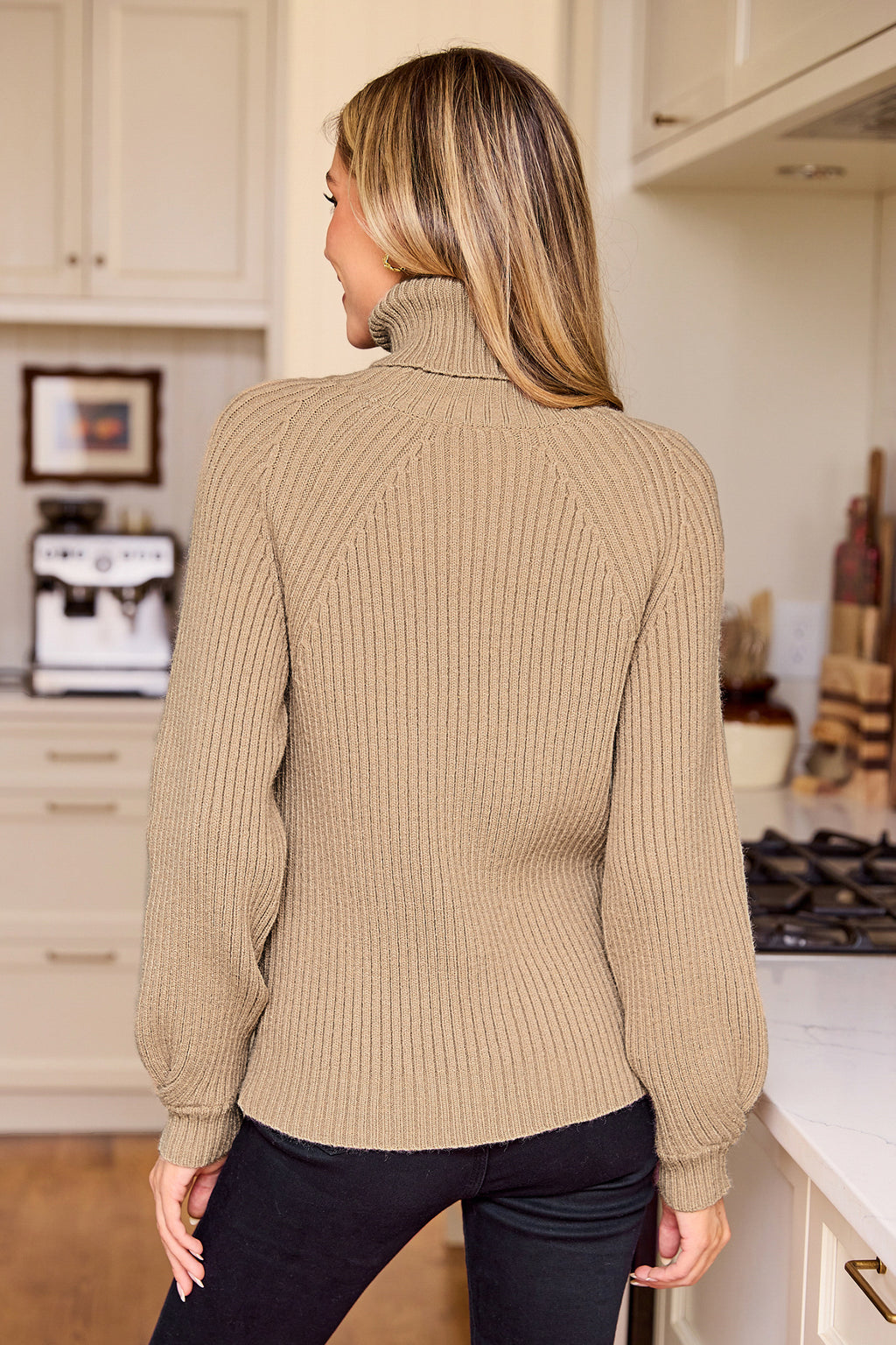 Khaki Ribbed Knit Blouson Sleeve Turtleneck Sweater