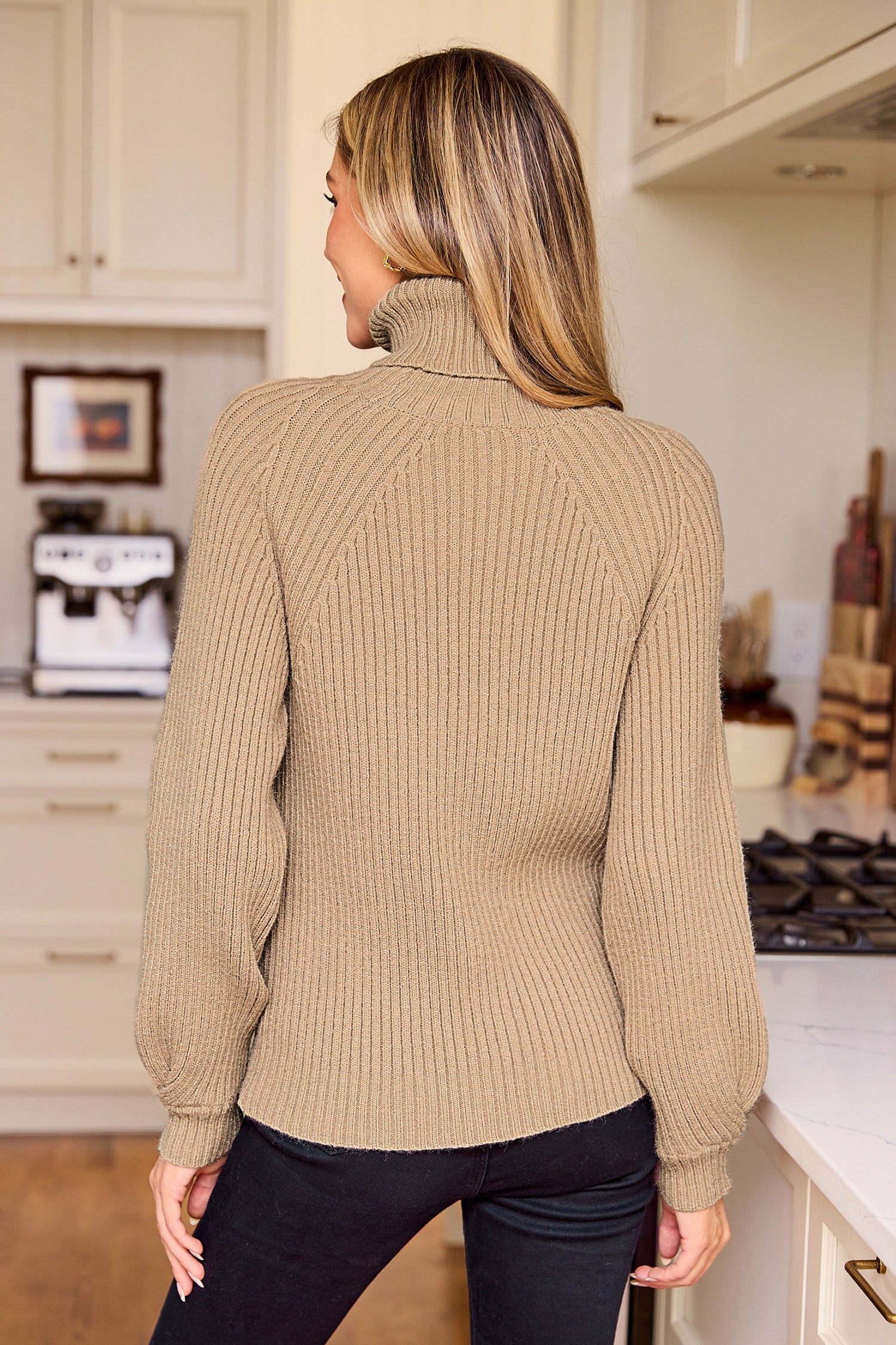 Khaki Ribbed Knit Blouson Sleeve Turtleneck Sweater