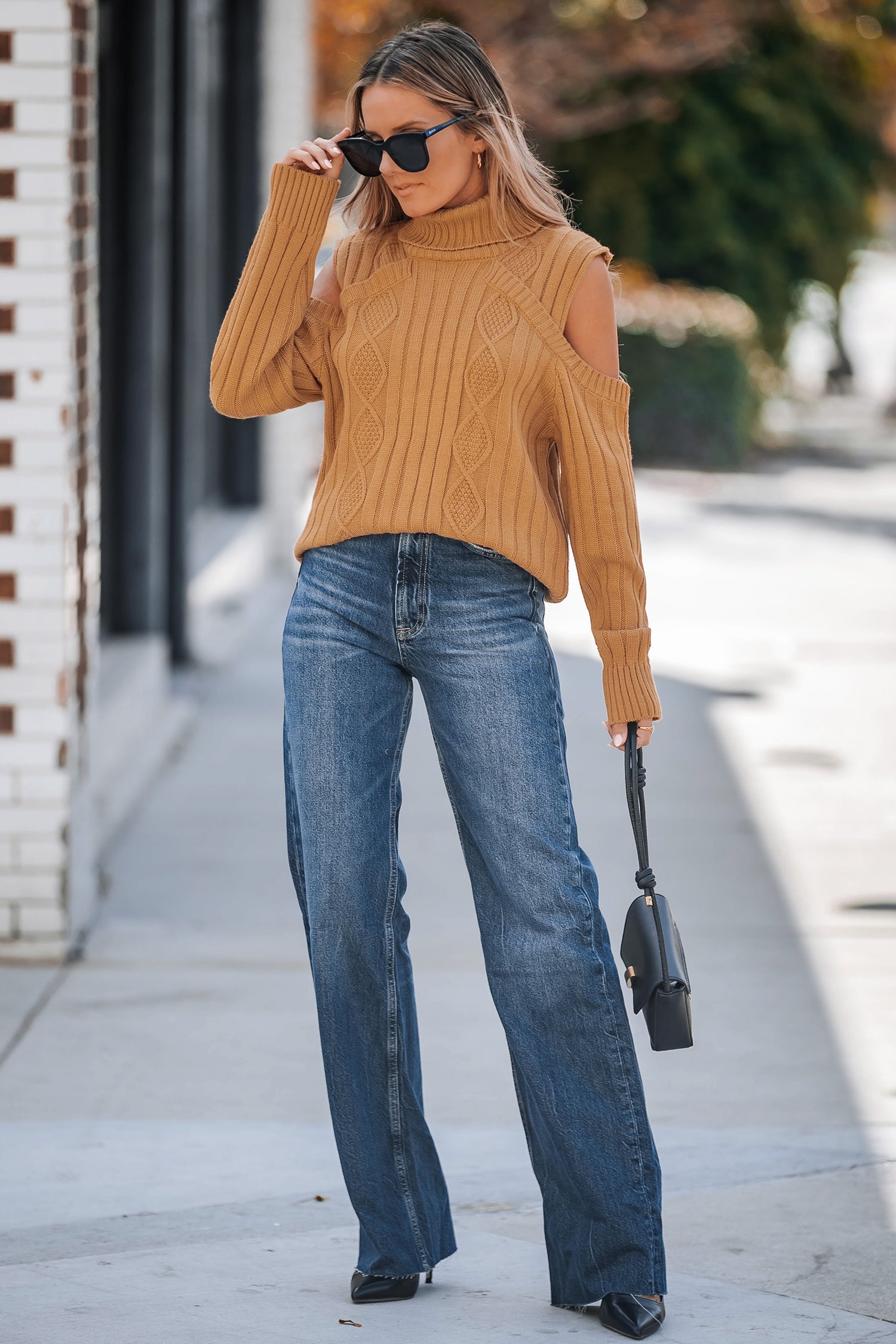 Brown Cable Knit Cutout Shoulder Sweater
