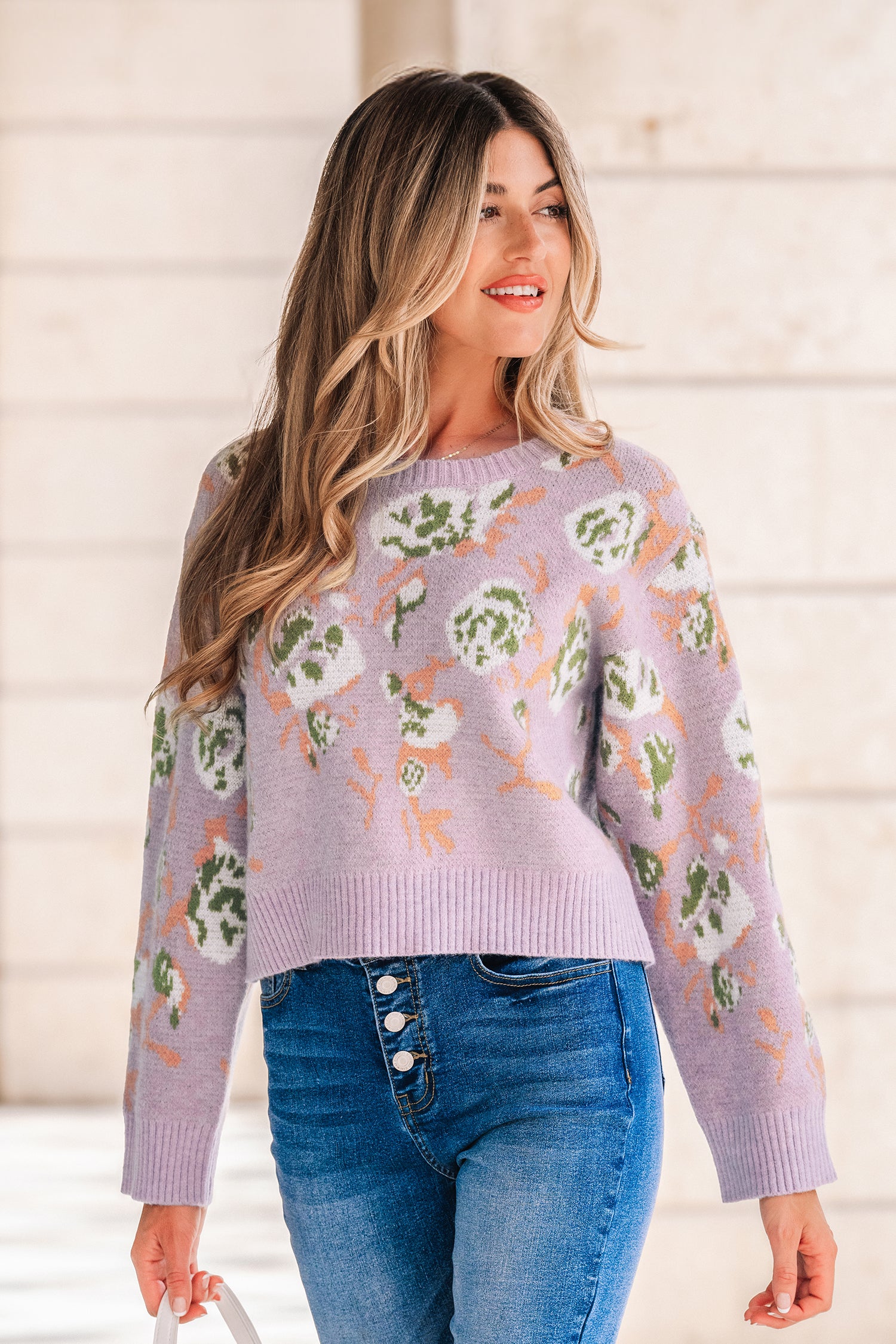 Purple Floral Oversized Sleeve Sweater