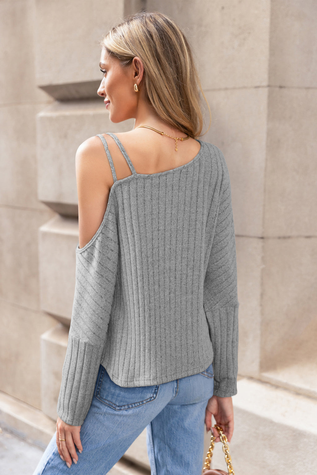 Grey One-Shoulder Knotted Ribbed Knit Top
