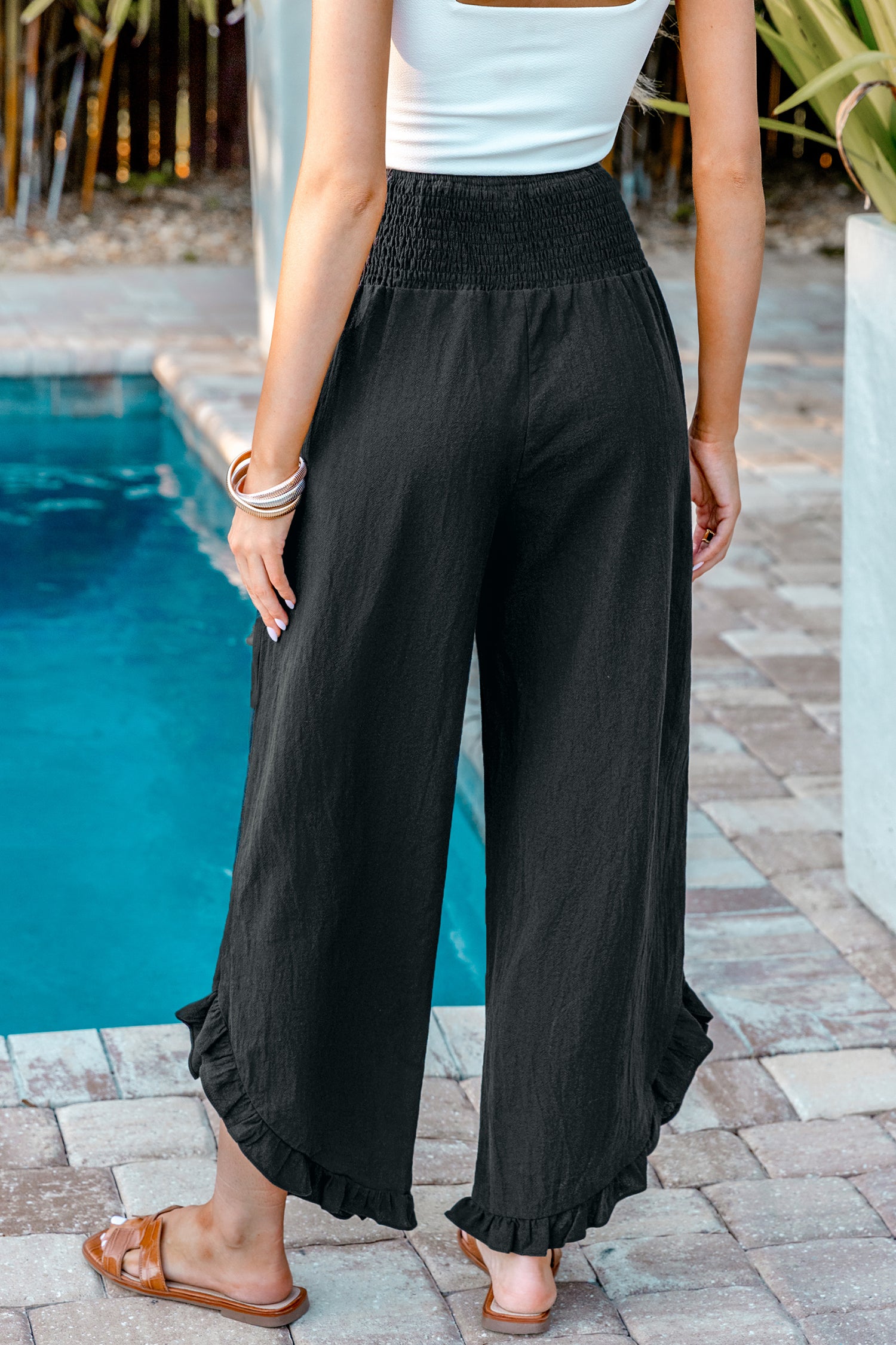 Black Smocked Waist Straight Leg Ruffle Pants