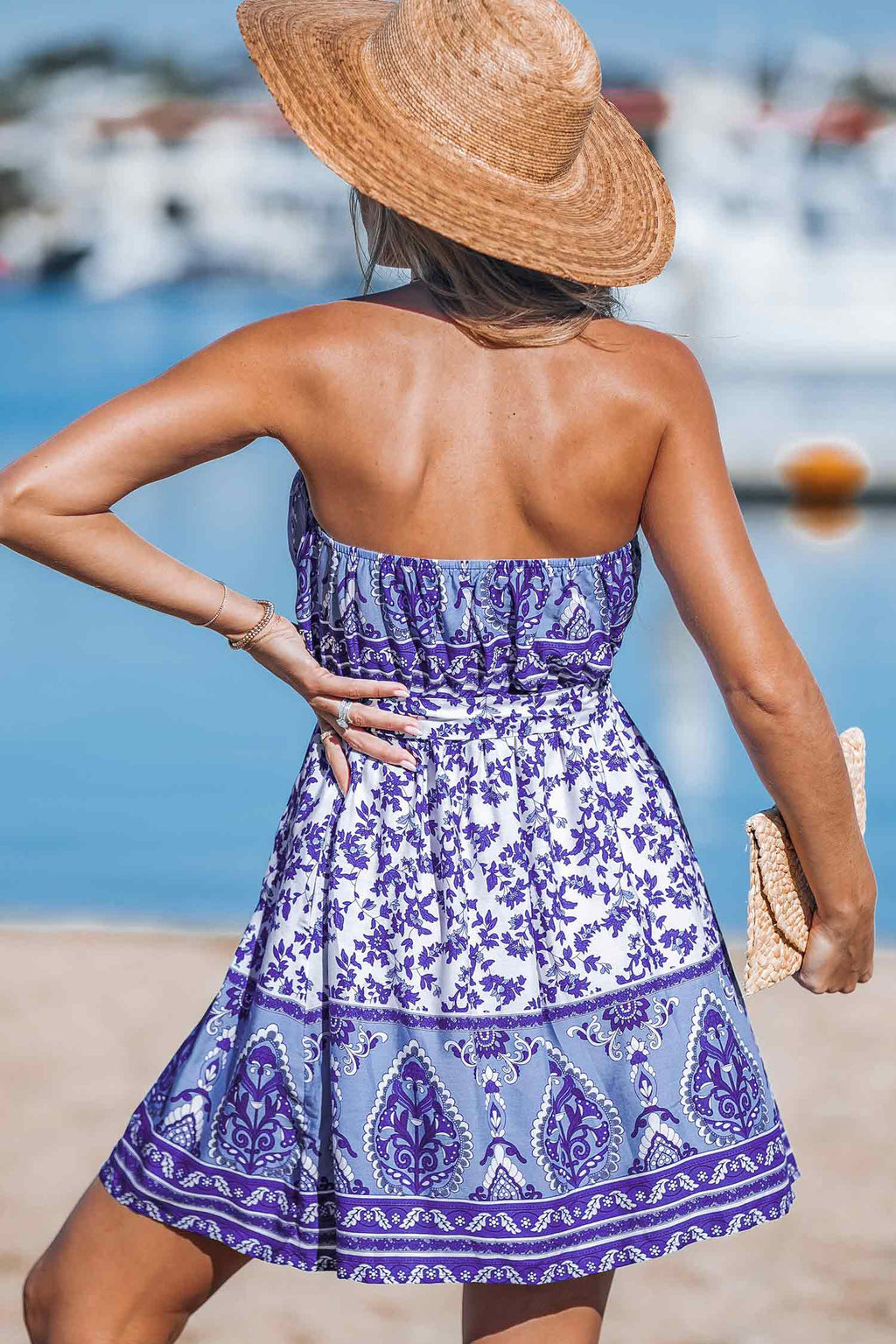 Indigo Paisley Strapless Mini Dress