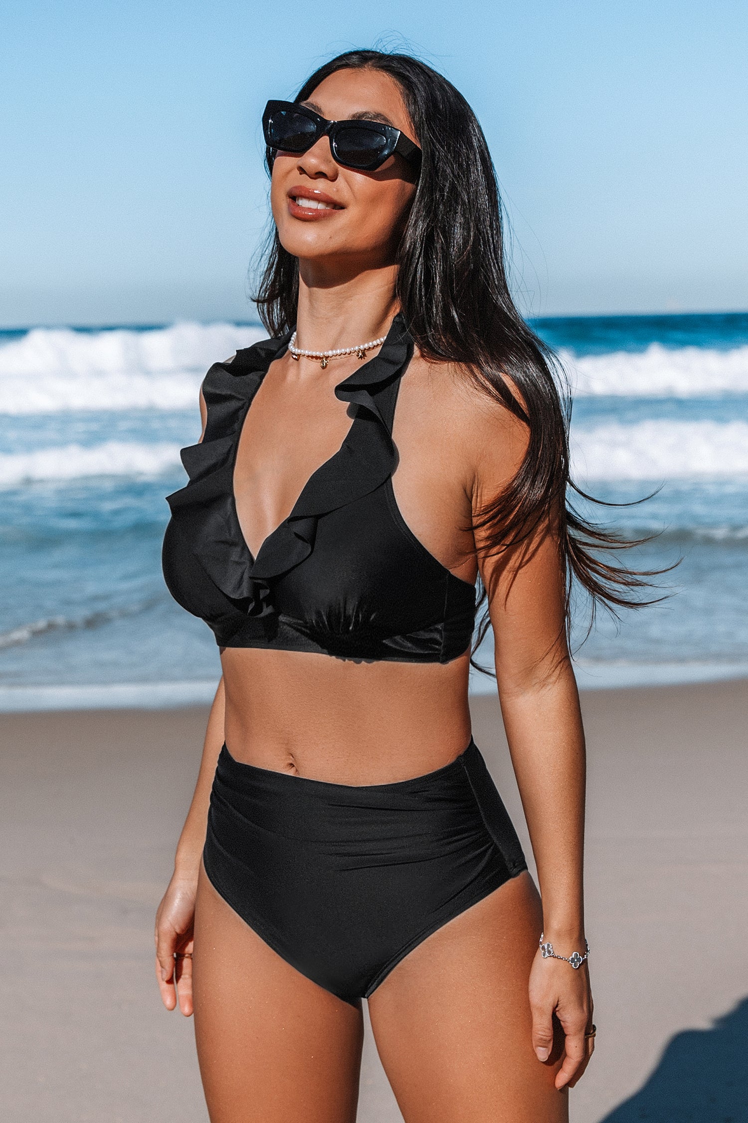 Midnight Ruffled Halterneck Bikini Top & Ruched Bottoms Set