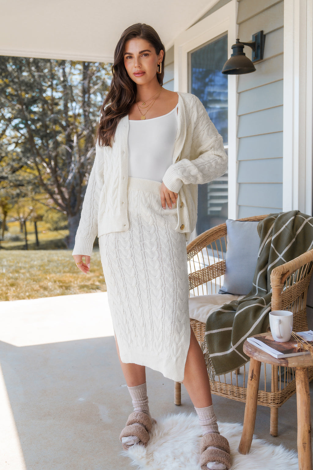 White Cable Knit Midi Sweater Skirt