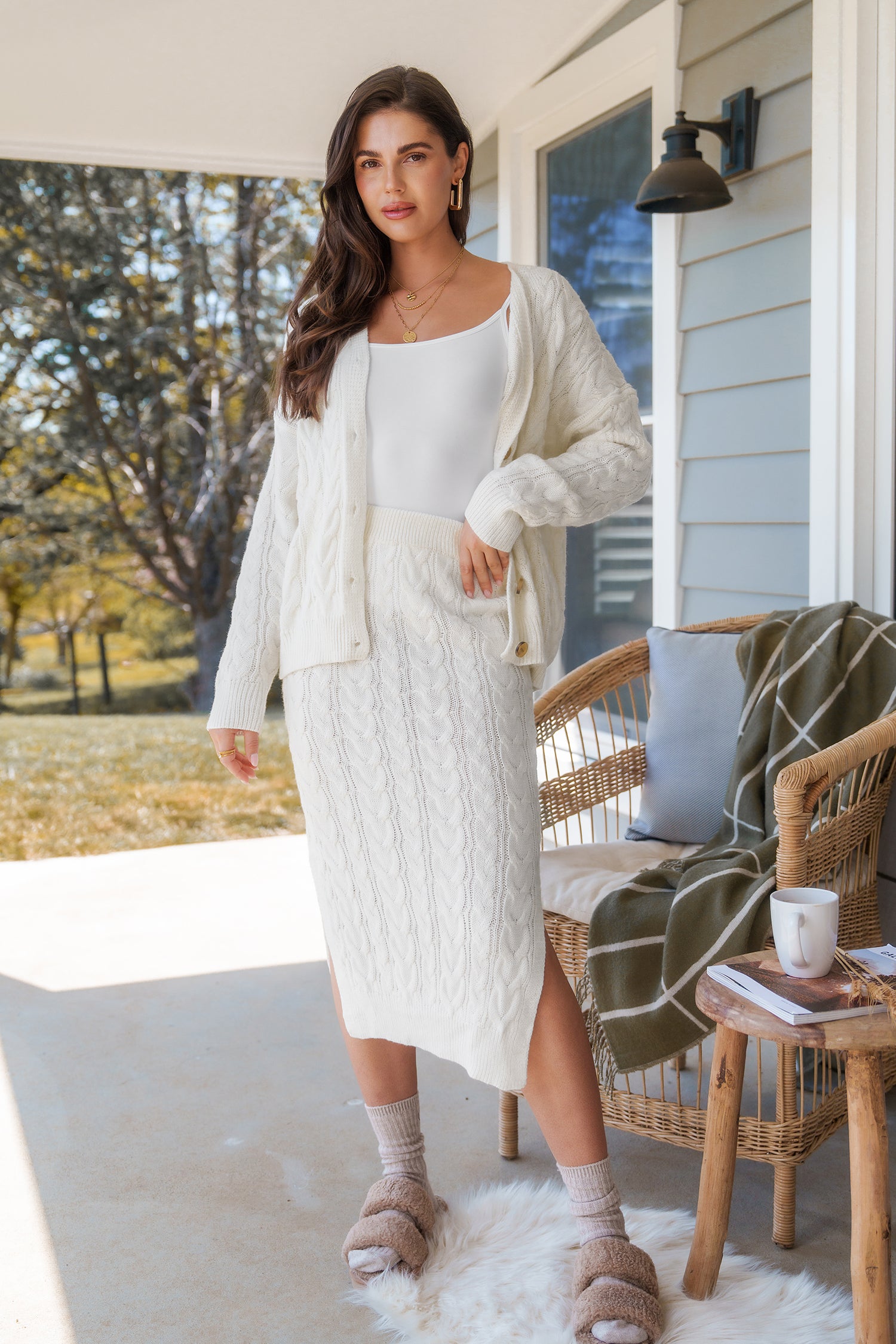 White Cable Knit Midi Sweater Skirt