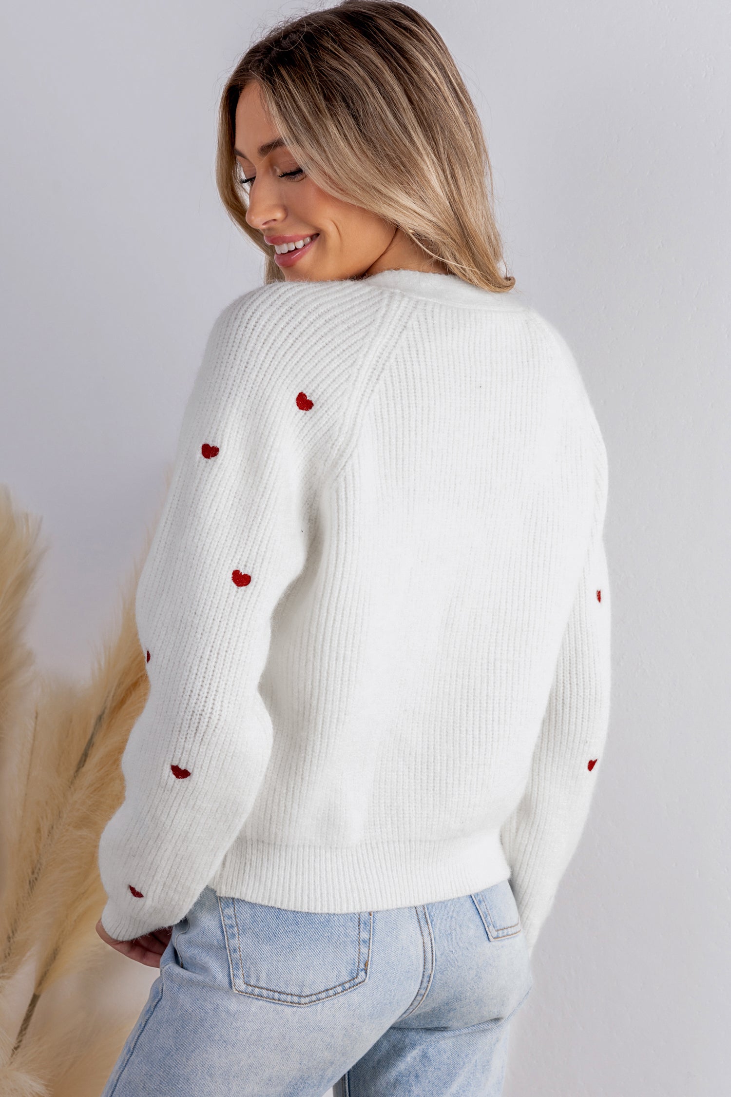 Heart Print Long Sleeve V-Neck Cardigan