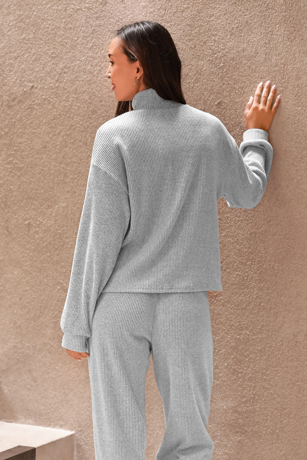Grey Ribbed Turtleneck Top & Pants Pajama Set