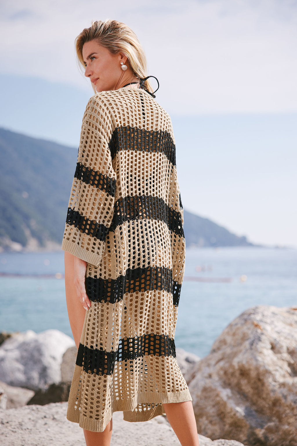 Beige & Black Stripe Open Front Open Knit Longline Cardigan