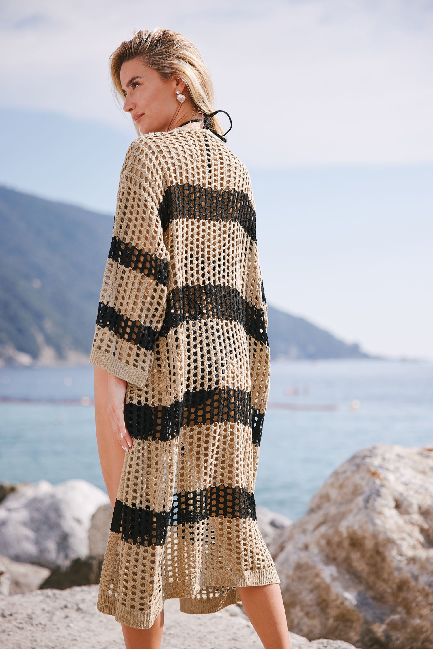 Beige & Black Stripe Open Front Open Knit Longline Cardigan
