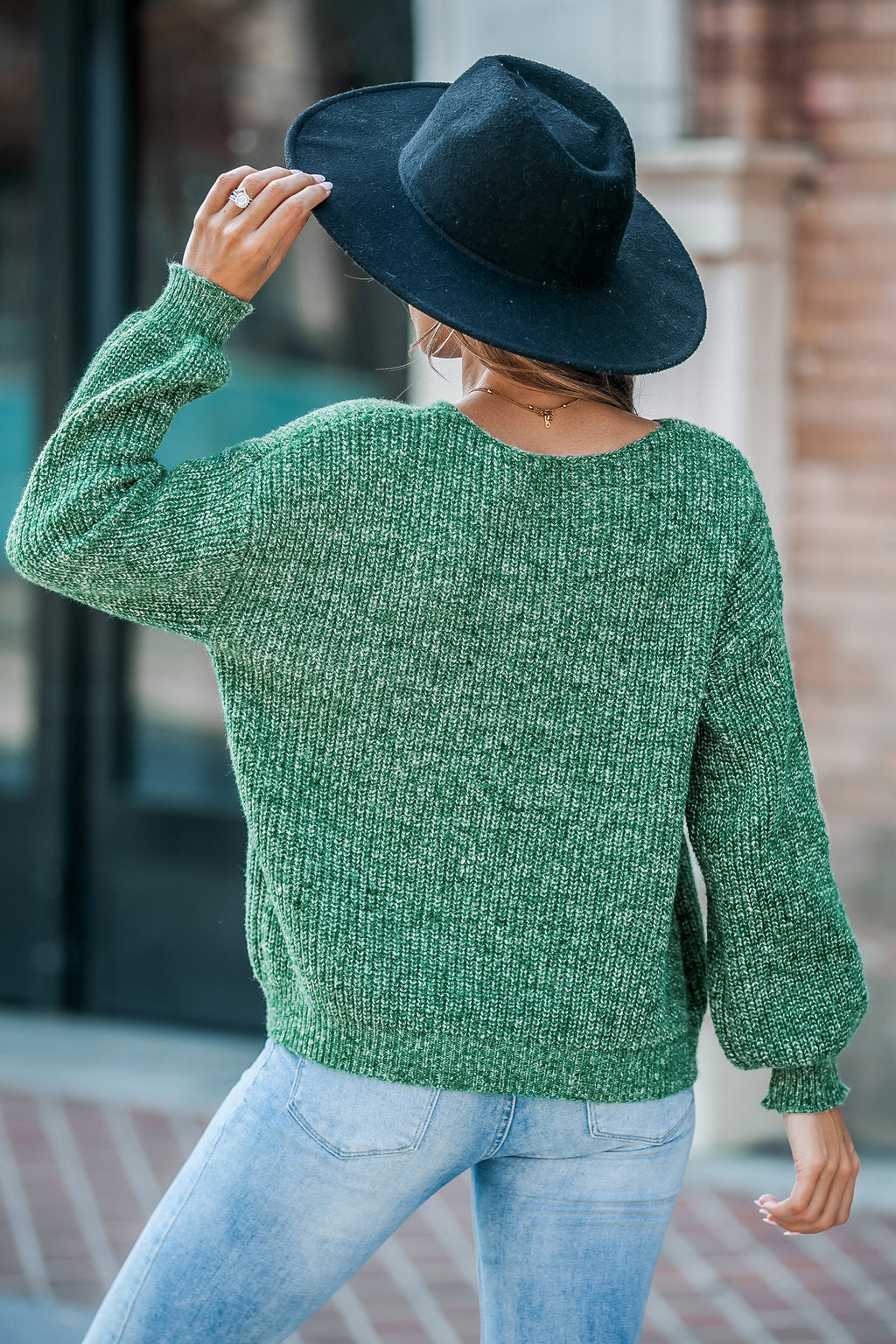 Green V-Neck Drop Shoulder Long Sleeve Sweater